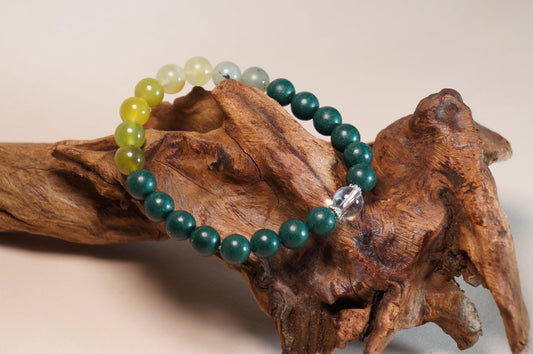 Green Jade & Clear Quartz Five Elements Wood Energy Bracelet
