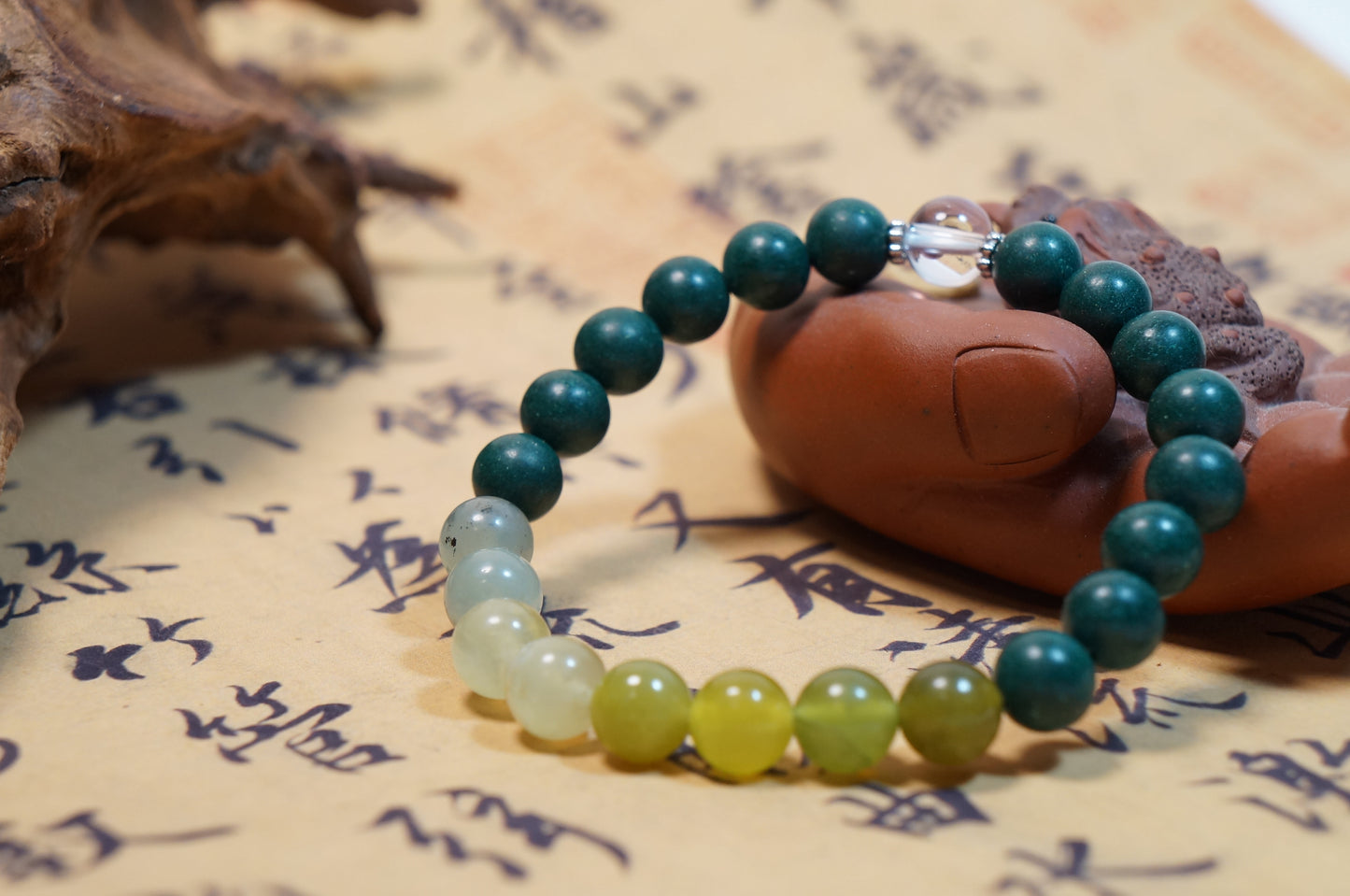 Green Jade & Clear Quartz Five Elements Wood Energy Bracelet