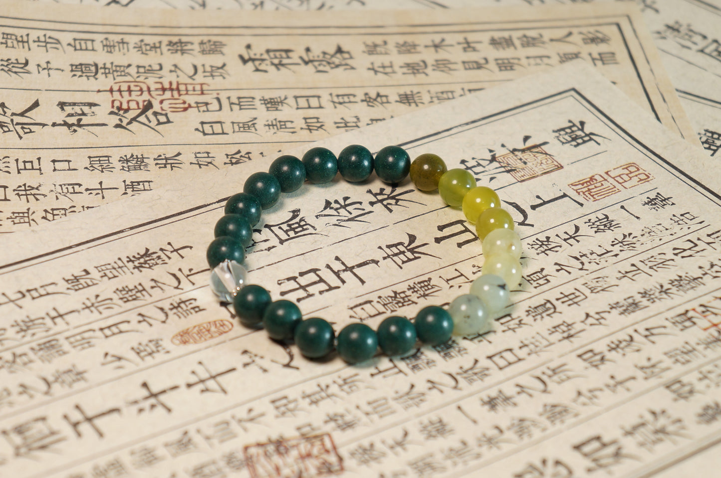 Green Jade & Clear Quartz Five Elements Wood Energy Bracelet