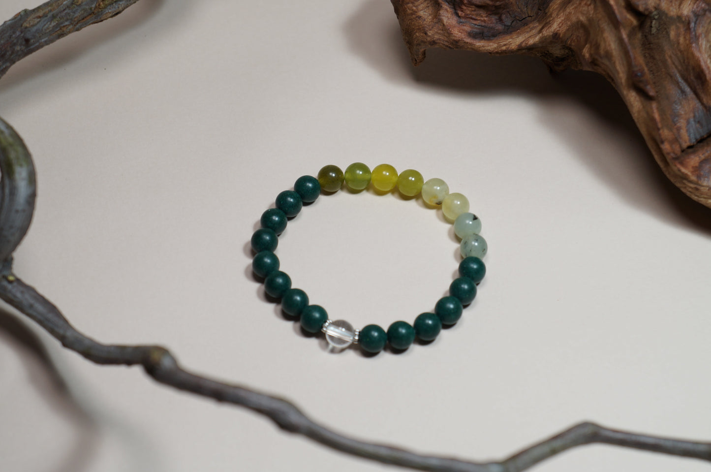 Green Jade & Clear Quartz Five Elements Wood Energy Bracelet